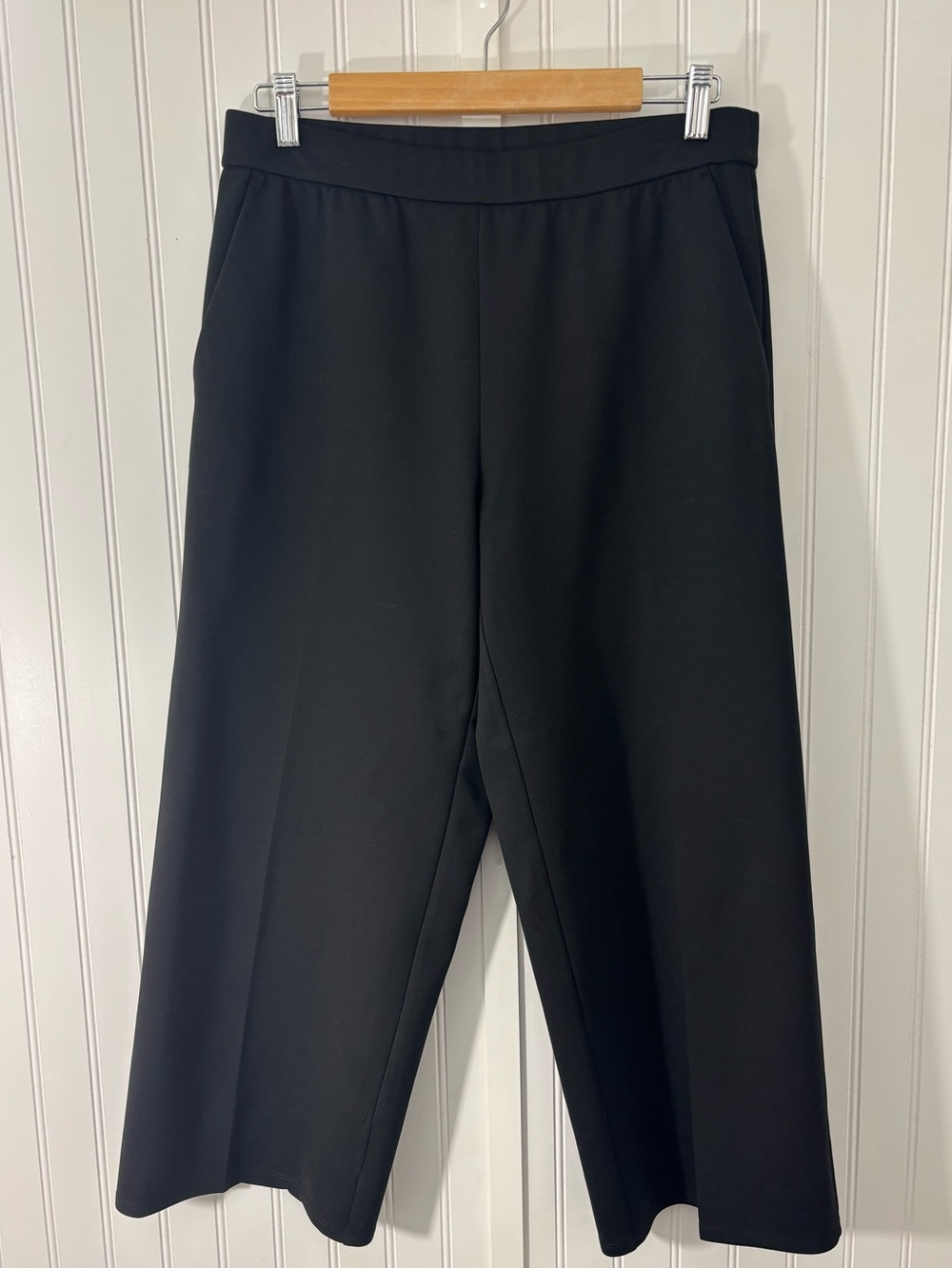 Eileen Fisher Black Wide Leg Cropped Pants Pull On Structured Stretch Trouser S